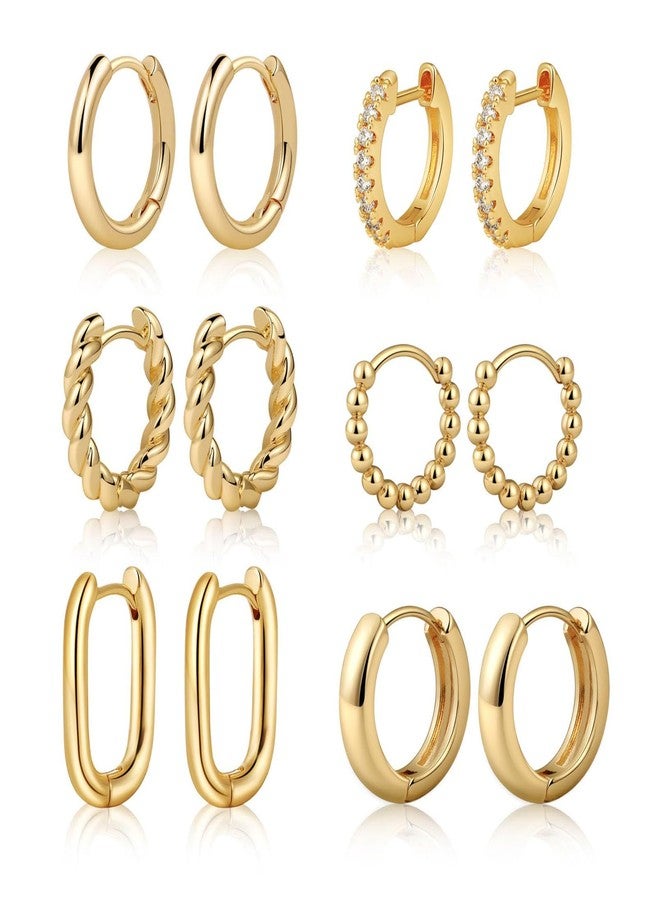 Tasiso Small Hoop Earrings for Women, 6 Pair 14K Gold Plated Lightweight Huggie Hoop Earrings Hypoallergenic Earring Set Earrings Pack for Women Trendy Jewelry Gifts - Image 1